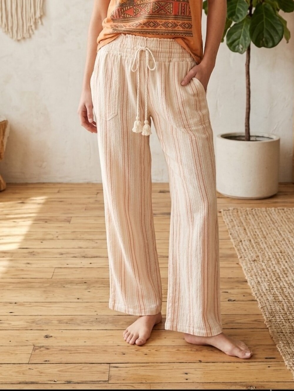 ROXY Lightweight Striped Drawstring Lounge Pants - Cream & Coral Small